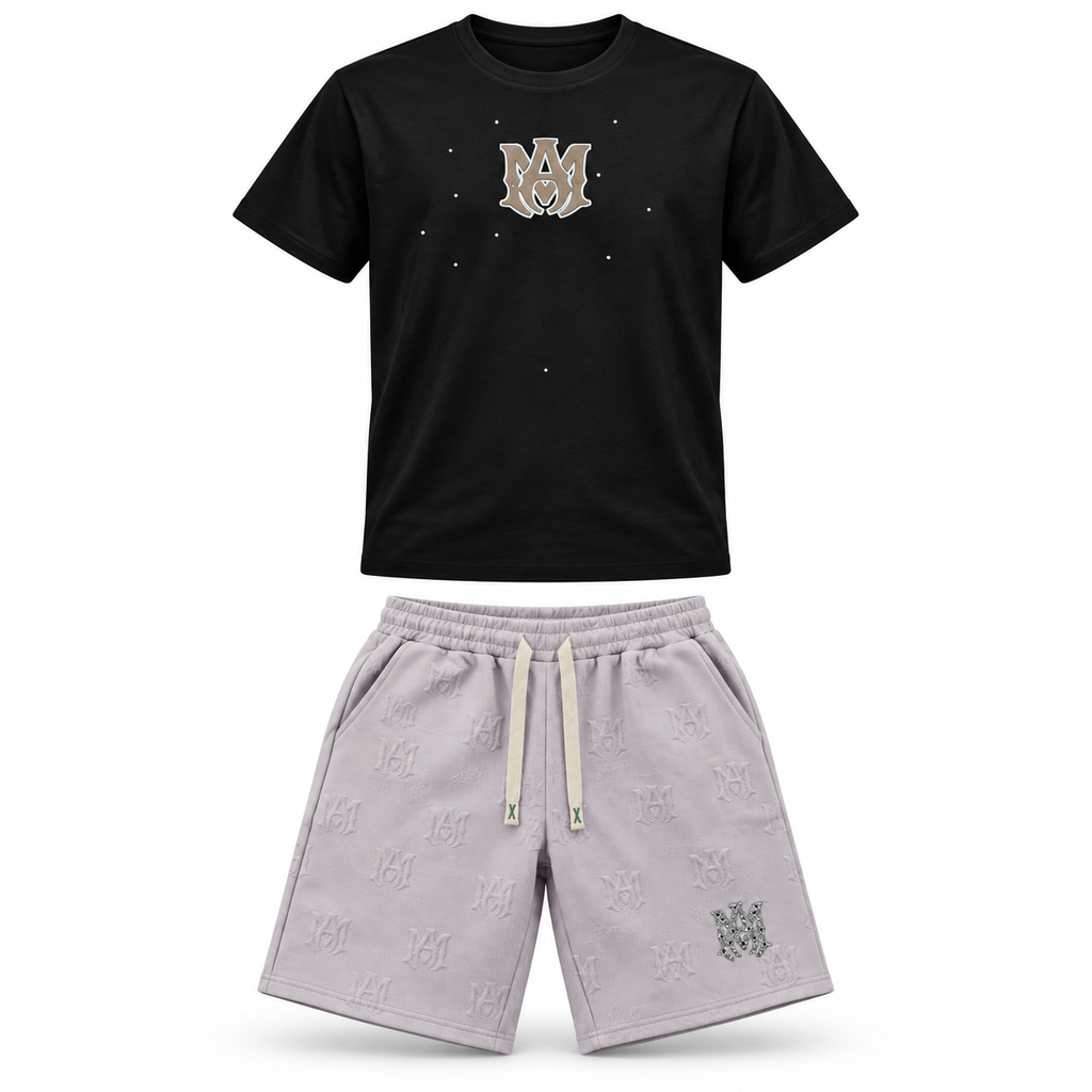 Conjunto de camiseta negra y short gris lila con monograma