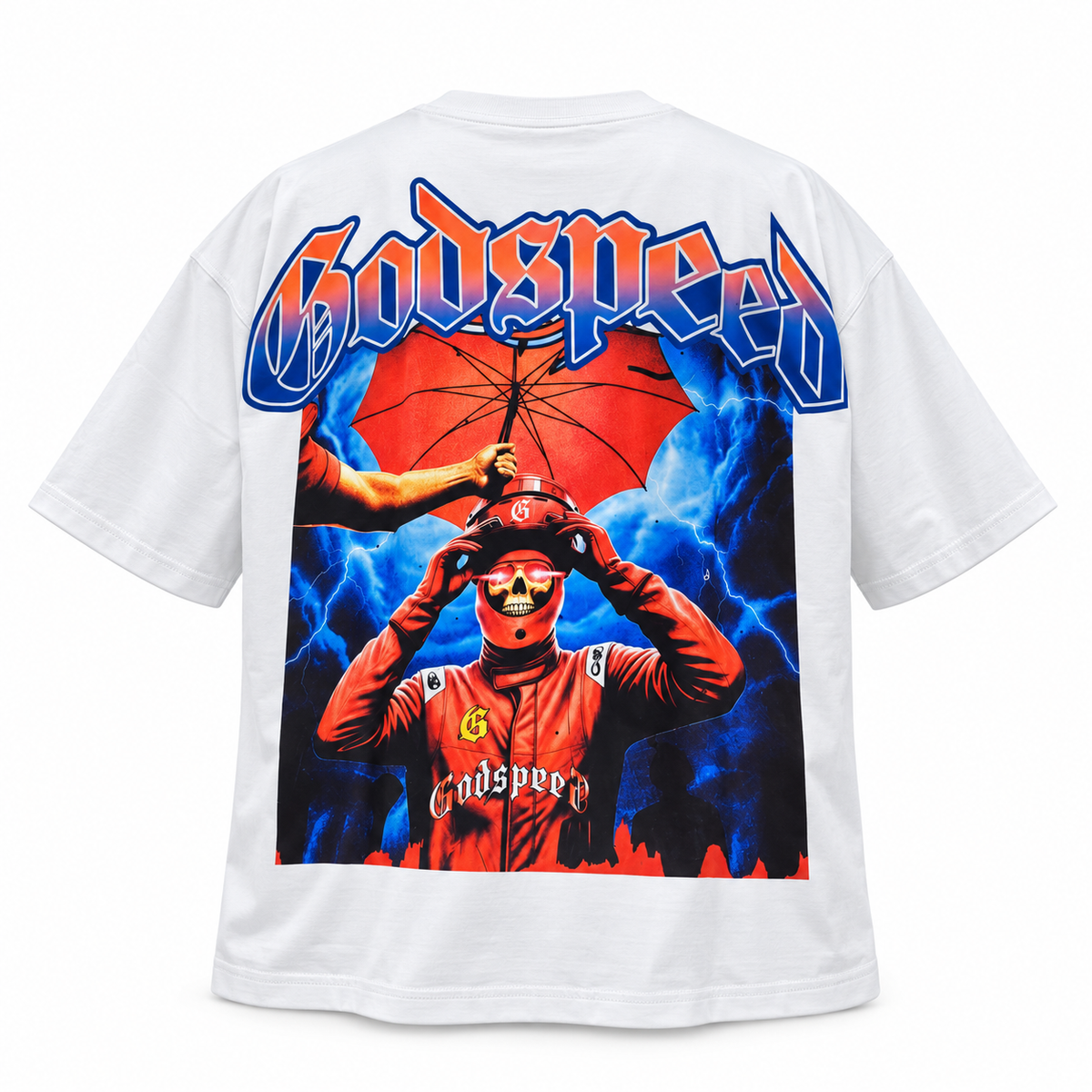 🤍 Camiseta Godspeed blanca – Racing Skull ⚡